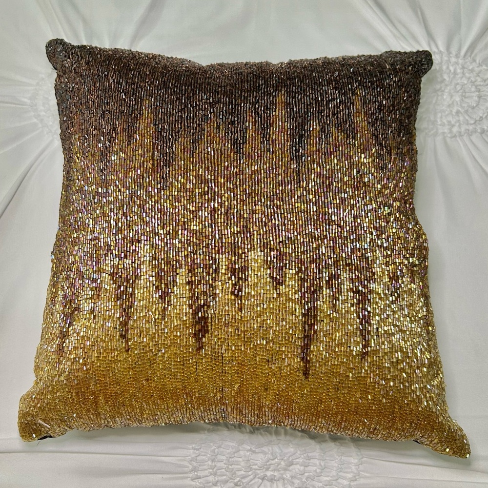 Pier 1 Gold & Brown Beaded Decorative Pillow 12x12